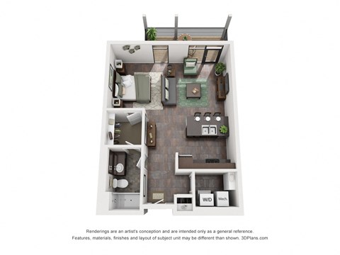 Floor plan for studio, 1 bath, 609 sqft
